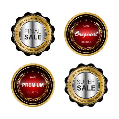 Altın kurdele vektör koleksiyonlu altın rozetler ve etiketler.