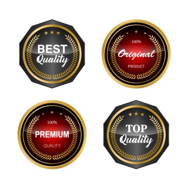Altın kurdele vektör koleksiyonlu altın rozetler ve etiketler.