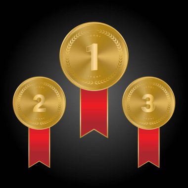 Birinci, ikinci, üçüncü spor ödülleri. Üç madalya, siyah arka planda izole edilmiş altın, Vektör illüstrasyonu.