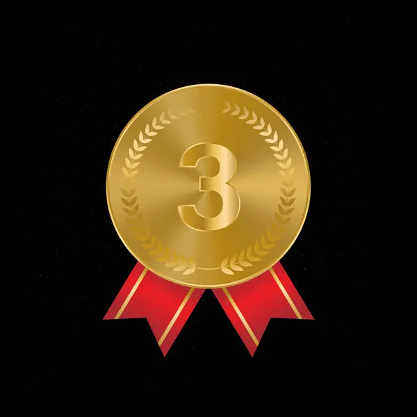 Χρυσό Βραβείο Αθλητισμού Θέση Μετάλλιο Κόκκινη Κορδέλα Ρεαλιστική — Διανυσματικό Αρχείο