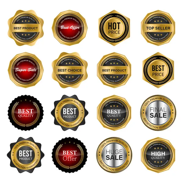 Badges Étiquettes Dorés Avec Collection Vectorielle Rubans Dorés Illustration Vectorielle — Image vectorielle