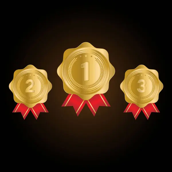 1St 2Nd 3Rd Sports Utmärkelser Tre Medaljer Guld Isolerad Svart — Stock vektor
