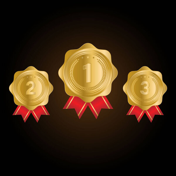 1st, 2nd, 3rd Sports awards three medals, gold isolated on a black background. vector illustration