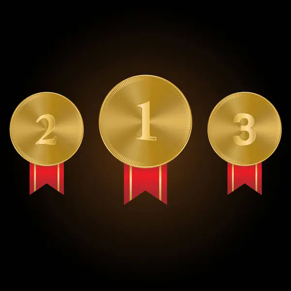 1St 2Nd 3Rd Sports Utmärkelser Tre Medaljer Guld Isolerad Svart — Stock vektor