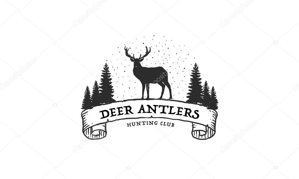 Ector deer head silhouette with forest in it. Hand drawn vector design. Perfect design for greeting cards, posters, T-shirts, banners, print .