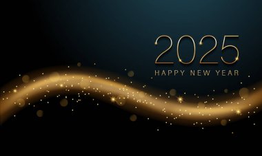 2025 Yeni Yıl Soyut parlak altın dalga tasarım elementi ve koyu arkaplan üzerindeki parıltı etkisi ile. Takvim için poster tasarımı