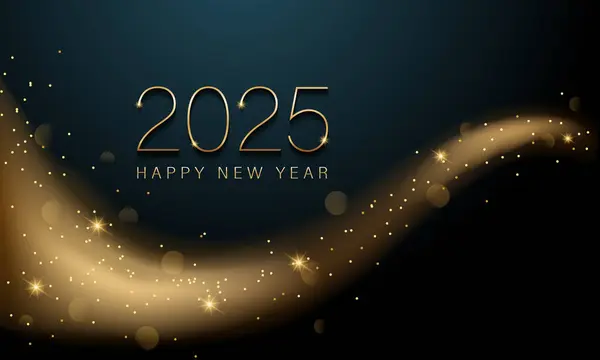2025 Yeni Yıl Soyut parlak altın dalga tasarım elementi ve koyu arkaplan üzerindeki parıltı etkisi ile. Takvim için poster tasarımı