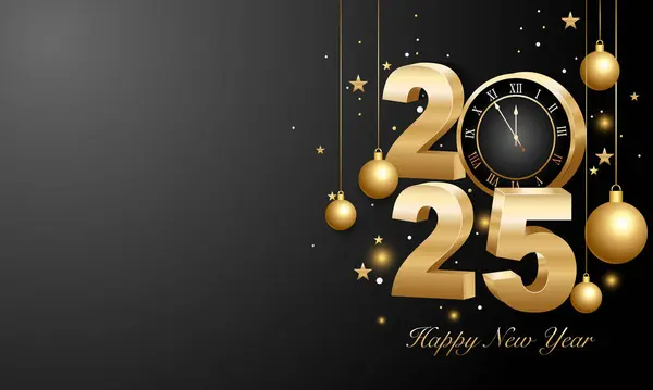 Mutlu yıllar 2025. Altın rengi Noel süslemeleri ve koyu arkaplanda konfetileri olan 3D altın rakamlar. Tatil tebrik kartı tasarımı.
