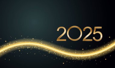 2025 Parıltılı Yeni Yıl Kartı, Neşeli Altın Arkaplan, Yatay Sancak