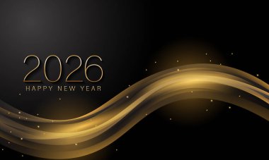 2026 Yeni Yıl Soyut parlak altın dalga tasarım elementi ve koyu arkaplan üzerindeki parıltı etkisi ile. Takvim için poster tasarımı