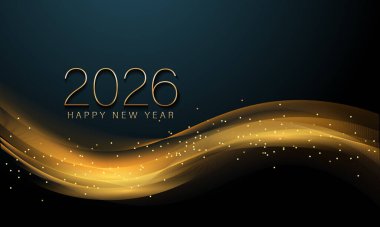 2026 Yeni Yıl Soyut parlak altın dalga tasarım elementi ve koyu arkaplan üzerindeki parıltı etkisi ile. Takvim için poster tasarımı