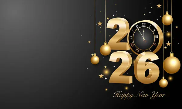 Mutlu yıllar 2026. Altın rengi Noel süslemeleri ve koyu arkaplanda konfetileri olan 3D altın rakamlar. Tatil tebrik kartı tasarımı.