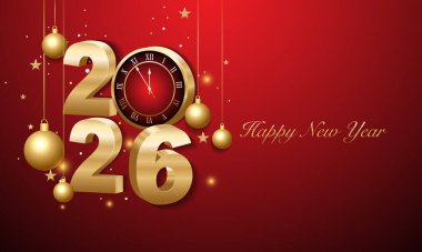 Mutlu yıllar 2026. Altın rengi Noel süslemeleri ve koyu arkaplanda konfetileri olan 3D altın rakamlar. Tatil tebrik kartı tasarımı.