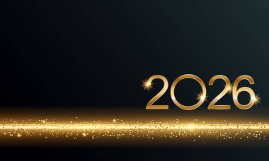 2026 Parıltılı Yeni Yıl Kartı, Neşeli Altın Arkaplan, Yatay Sancak