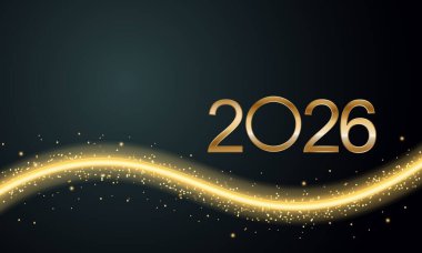 2026 Parıltılı Yeni Yıl Kartı, Neşeli Altın Arkaplan, Yatay Sancak