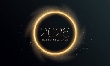 2026 Parıltılı Yeni Yıl Kartı, Neşeli Altın Arkaplan, Yatay Sancak