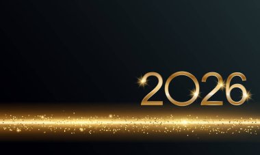 2026 Parıltılı Yeni Yıl Kartı, Neşeli Altın Arkaplan, Yatay Sancak