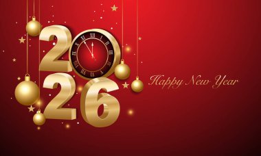 Mutlu yıllar 2026. Altın rengi Noel süslemeleri ve koyu arkaplanda konfetileri olan 3D altın rakamlar. Tatil tebrik kartı tasarımı.