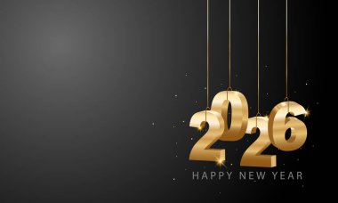 Mutlu yıllar 2026. Kurdeleli ve konfetili altın 3D numaralar asmak. Tatil tebrik kartı tasarımı. Vektör illüstrasyonu.