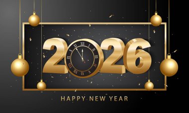 Mutlu yıllar 2026. Altın rengi Noel süslemeleri ve koyu arkaplanda konfetileri olan 3D altın rakamlar. Tatil tebrik kartı tasarımı.