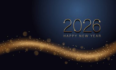 2026 Yeni Yıl Soyut parlak altın dalga tasarım elementi ve koyu arkaplan üzerindeki parıltı etkisi ile. Takvim için poster tasarımı