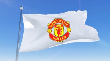 Manchester United Futbol Kulübü 'nün bayrağı yeşil arka planda izole bir şekilde dalgalanıyor. Manchester birleşik F.C. Profesyonel bir futbol kulübü. 