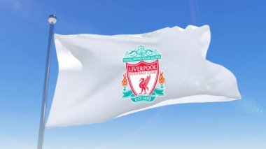 Liverpool Futbol Kulübü 'nün bayrağı arka planda izole bir şekilde sallanıyor. Liverpool F.C. Profesyonel bir futbol kulübü. 