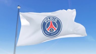 Paris Saint-Germain futbol kulübü logosu açık arkaplanda bayrak dokuyor