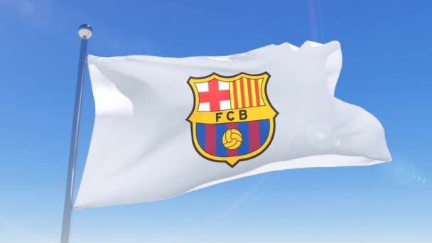 巴塞罗那足球俱乐部的旗帜在天空背景下飘扬 巴塞罗那联邦法院是一个职业足球俱乐部 — 图库视频影像