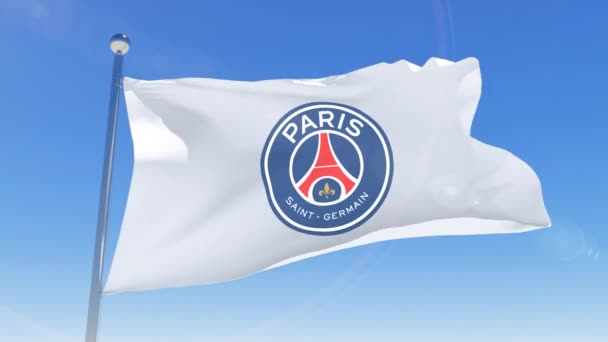 Paris Saint Germain Fotbollsklubb Logotyp Vävning Flagga Klar Himmel Bakgrund — Stockvideo