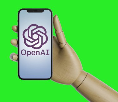 Robotic hand holding iphone with Open Ai logo with green screen clipart