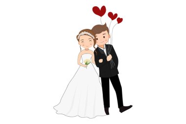 wedding invitation card with bride and groom isolated on white background. vector illustration