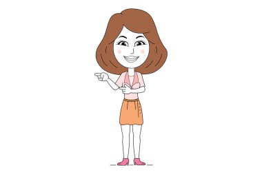 corporate woman gesture hand presenting a copy space. Vector illustration in cartoon style. Perfect for coloring book, textiles, icon, web, painting, children's books, t-shirt print.