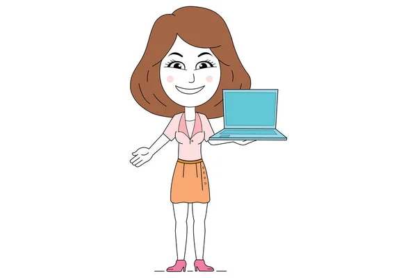 Şirket kızı karakteri elinde bir dizüstü bilgisayar tutuyor beyaz arka planda izole edilmiş sanat vektörünü klipsliyor. Boyama kitabı, tekstil, ikon, web, resim, çocuk kitapları, tişört baskısı için mükemmel.