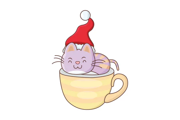 Cat Cup Mutlu Noeller vektörü beyaz arka planda izole edildi. Boyama kitabı, tekstil, ikon, ağ, resim, kitap, tişört baskısı için mükemmel.