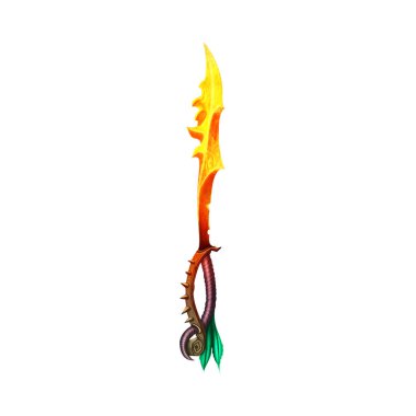 illustration of a steel demon sword with fire highlights isolated on white background. Gaming Assets.