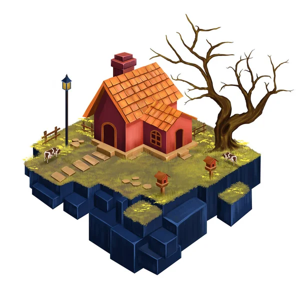 Rural isometric ranch farm with trees fields