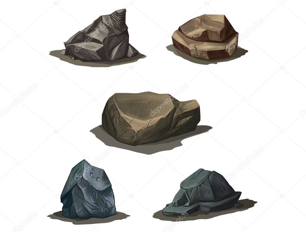 Set of Grey Stones Isolated on White Background. Single and Piled Rocks with Green Grass, Graphic Design Elements for Computer Game, Nature Pebble Objects. Cartoon Vector Illustration, Icon, Clip Art