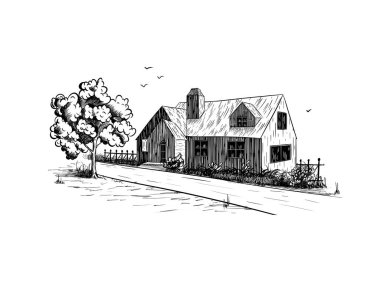 old farmhouse illustration isolated on white background.