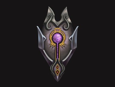 Victory game badge. war shield with a magic crystal. Medieval steel shield icon isolated on white background.