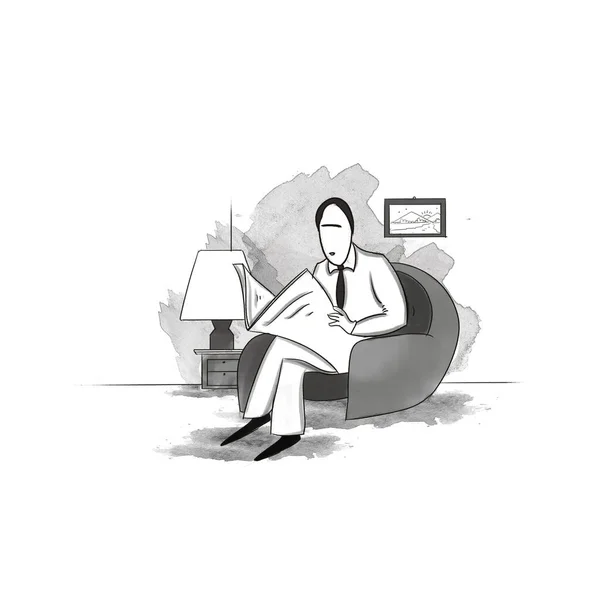 Illustration of a man holding or reading a newspaper. young happy business man reading a newspaper while waiting for his meeting.