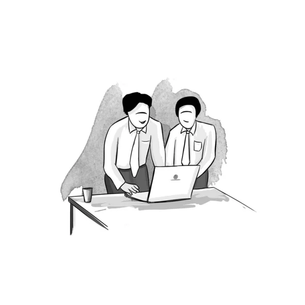 Business planning. Two businessmen working together on one profitable project at same laptop. Serious young colleagues in formal suits discuss work illustration isolated on white background