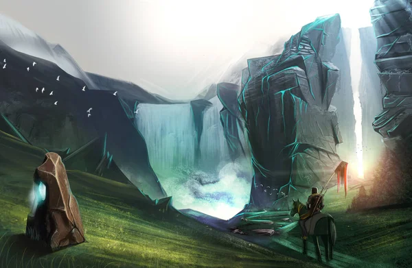 A warrior on his way to victory. Landscape with sky and clouds. gaming background.