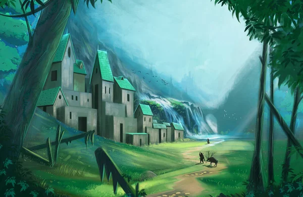 Green Valley Isometrische Landschaft Gaming Hintergrund Hintergrundkunst Digitale Fantasiekunst Alte — Stockfoto