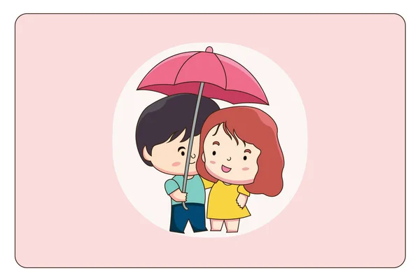 Aşıklar Yağmurda Şemsiye Taşıyıcı Ile Çizgi Film Çizerler — Stok Vektör