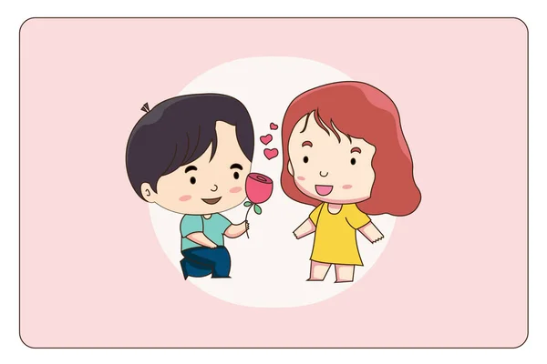 Vector Illustration Couple Boy Giving Rose His Beautiful Girlfriend Colorful — Stock Vector