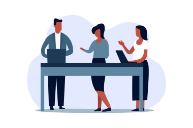  Ofisteki vektör illüstrasyon sanat çalışanları işlerini laptoplarla patrona açıklıyorlar.