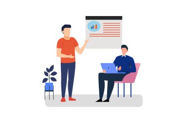  Vektör illüstrasyon sanat çalışanı patronuna işimizi nasıl büyütebileceğimiz konusunda tavsiyede bulunuyor.