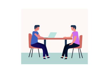  Vektör illüstrasyon sanatı. İki adam kafede oturuyor ve tartışmayla ilgili projeler yapıyor.