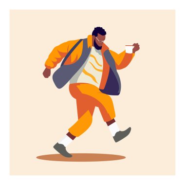 Vektör illüstrasyon sanat şişman kahverengi çocuk rahat bir şekilde elinde çay fincanıyla geziyor. 